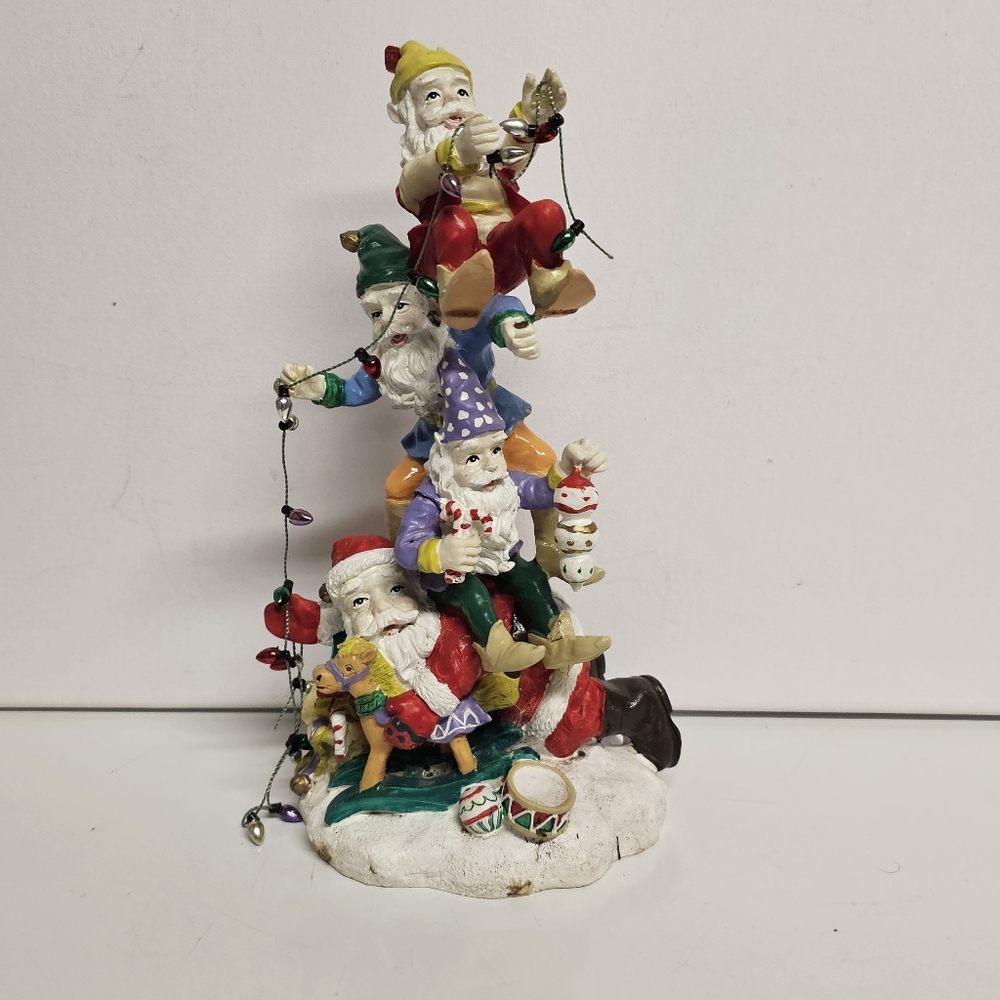 Festive Santa & Elves Figurine with String Lights - Holiday Christmas Decor
